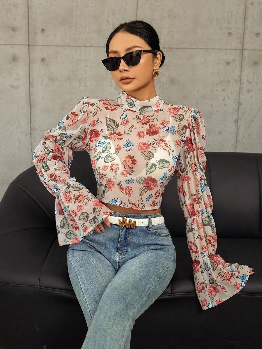 GENKIRA Women'S Floral Print Stand Collar Bell Sleeve Cropped Shirt Fall Cloth For Women - Multicolor - View 1
