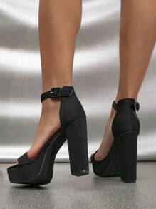 高跟/厚底防水開趾涼鞋,帶有腳腕綁帶 - 黑色 - 查看 4