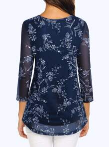 CheersLife 女士休闲 3/4 袖束腰上衣花卉双层衬衫宽松百褶网眼衬衫