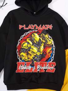 SHEIN Teen Boy Casual Game Robot Pattern Hooded Sweatshirt And Solid Color Leggings Trousers Suit