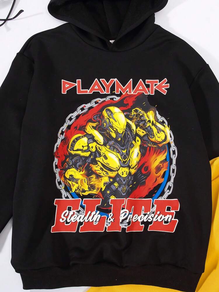 Teen Boy Casual Game Robot Pattern Hooded Sweatshirt And Solid Color Leggings Trousers Suit
