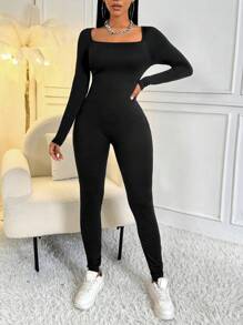 Zolique Women's Solid Color Square Neck Thermal Lined Skinny Jumpsuit - Black - View 6