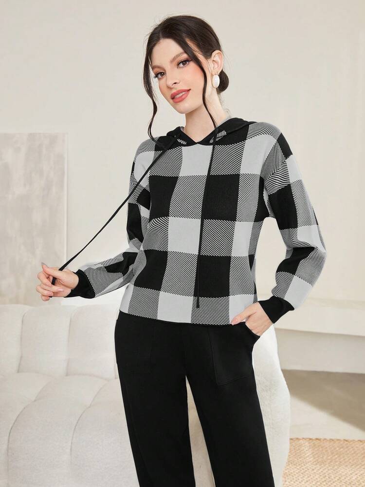 Women'S Checkered Drawstring Hooded Sweater & Color Block Striped Long Pants Two Piece Set