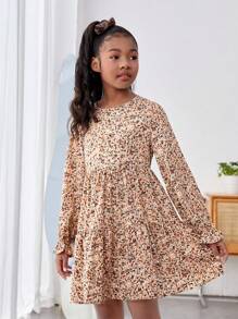 SHEIN Tween Girls' Casual Vacation Style Long Sleeve Floral Print Dress