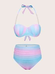 DAZY Women's Gradient Color Halter Neck Separated Bikini Set With Shell Cups Summer Beach - Multicolor - View 1