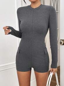 SHEIN Essnce Women'S Casual Sports Rib Knit Zipper Front Skinny Romper For Summer - Dark Grey - View 5
