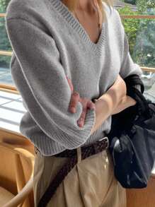 DAZY 女士商务休闲 V 领通勤中性针织毛衣，秋季返校服装 - 灰色 - 查看 3