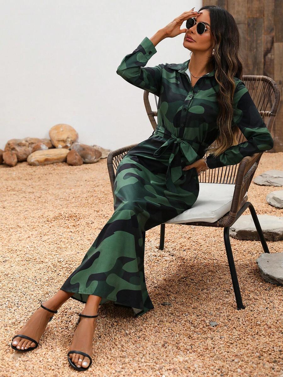 SHEIN Clasi Camo In Thắt lưng Váy sơ mi - xanh quân đội - Xem 1