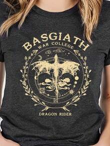 女士休闲蝙蝠与字母印花圆领 T 恤