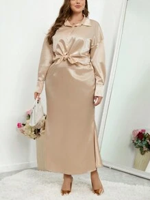 SHEIN Privé 加大尺碼女士絲綢短袖襯衫和裙子套裝,帶翻領設計 - 杏色 - 查看 3