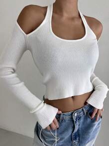 DAZY Women'S Cold-Shoulder Cropped Sweater Fall - White - View 1