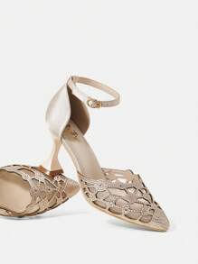 Fashionable Elegant Pointed Toe Rhinestone High Heel Shoes For Women, Suitable For Party & Formal Occasions - Beige - View 1