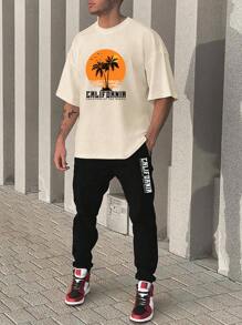 Manfinity RSRT Men Plus Coconut Tree Printed Short Sleeve T-Shirt And Pants 2pcs/Set - Apricot - View 1