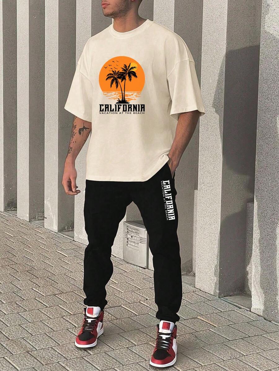 Manfinity RSRT Men Plus Coconut Tree Printed Short Sleeve T-Shirt And Pants 2pcs/Set - Apricot - View 1