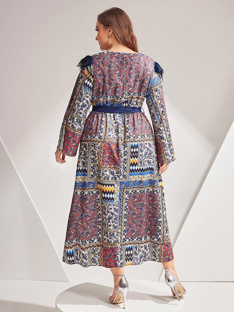 Women's Plus Size Patchwork Belted Dress With Random Printed Pattern Fall Cloth For Women