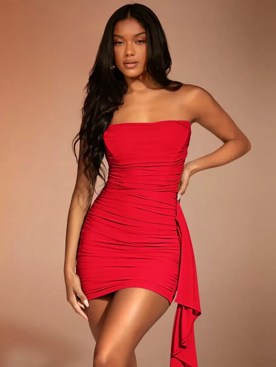 SHEIN BAE Women's Ruched Strapless Bodycon Dress