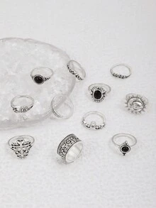 ROMWE Goth 11pcs/Set Fashionable Personalized With Zinc Alloy Hollow Crown Sun Geometric Circle Pattern Diamond-Shape Vintage Base Ring Set For Women, Party Gift - Antique Silver - View 3