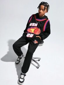 SHEIN Tween Boys Set Grafis Huruf Casual - Hitam - View 1