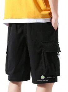 Men'S Slogan Print Cargo Pocket Shorts - Black - View 2