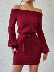 SHEIN Essnce 一字肩燈籠袖腰帶緊身洋裝 - 紅色 - 查看 5