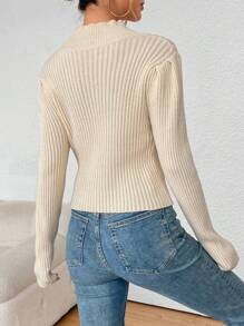 Chiquease Women's Solid Color Hollow Out Faux Pearl Stud Decoration Sweater With Stand Collar Knit Pullover Fall Winter Sweater - Apricot - View 2