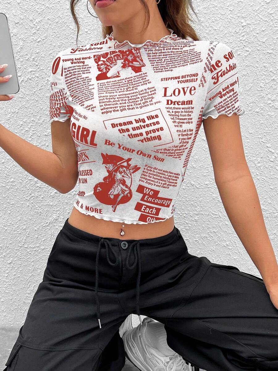 SHEIN EZwear Newspaper Print Lettuce Edge Cropped Top - Red - View 1