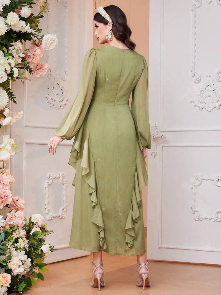 Women'S Ruffle Hem Lantern Sleeve Dress