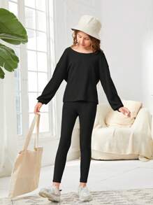 SHEIN Tween Girls' Knitted Ribbed Twist Back Top And Pants Casual Two Piece Set - Black - View 3