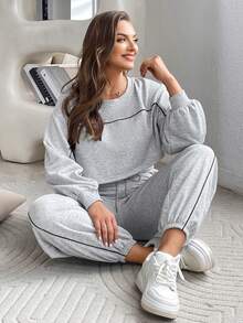SHEIN Essnce Kích thước lớn Khối màu Cán Hem Tay áo lồng đèn Top Cây trồng Và Quần Bộ - Xám - Xem 3