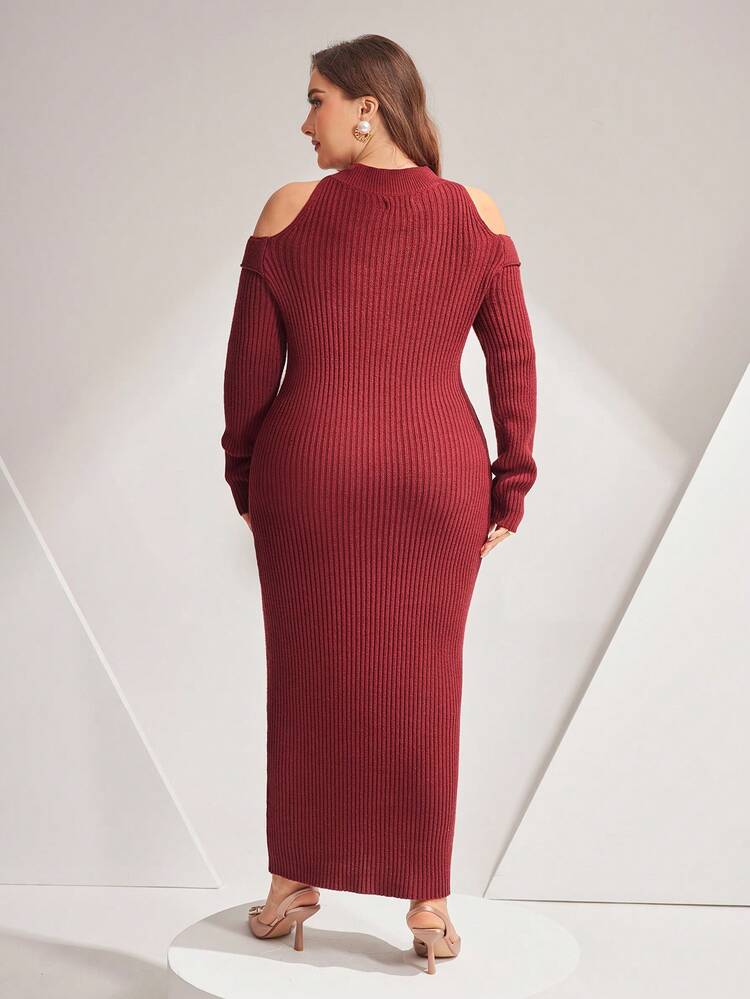 Burgundy Red Plus Size Women'S Cold Shoulder Bodycon Sweater Dress
