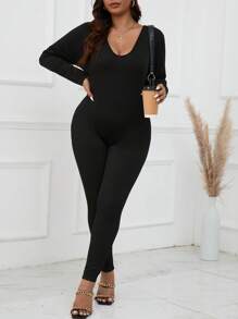 SHEIN CURVE+ Mono De Talla Grande De Manga Larga Con Cuello Redondo - Negro - Ver 5