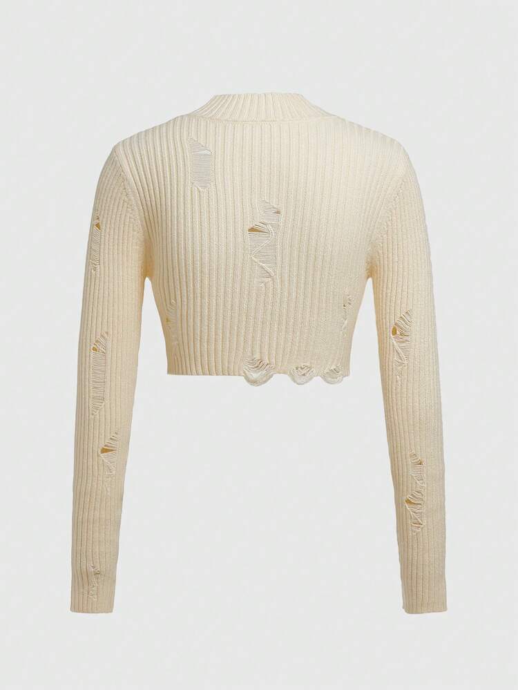 Women'S Solid Color Hollow Out Distressed Sweater