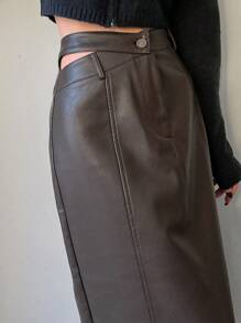 DAZY 女士PU直筒铅笔裙皮裙 - 棕色 - 查看 5