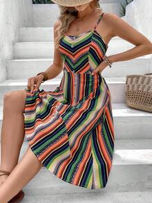 SHEIN VCAY Women's Geometric Pattern Vacation Style Spaghetti Strap Dress - Multicolor - View 5