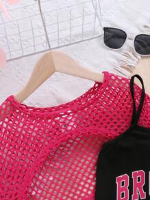 Tween Girls' Fashionable Knit Round Neck Short-Sleeved Top With Knit Letter Print Suspender Shorts Set For Sports - Hot Pink - View 3