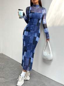 SHEIN EZwear Women's Patchwork Floral Print Slim Fit Bodycon Dress