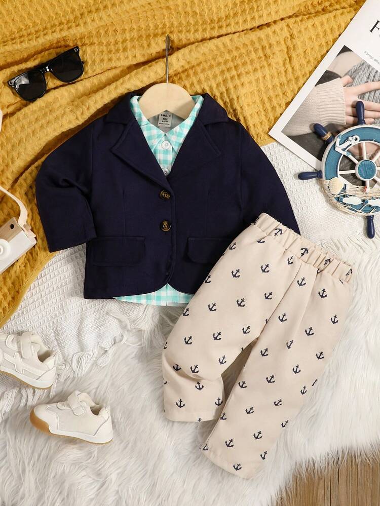 2023 Spring/Autumn Baby Boys' 3pcs Gentleman Set With Jacket, Plaid Shirt And Printed Pants