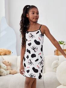 SHEIN Cô gái Tween In hoa bò Dải mỏng Váy ngủ - Đen và trắng - Xem 6