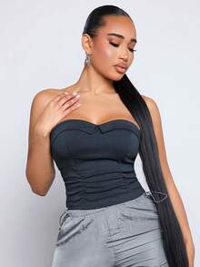 SHEIN SXY 女士實色百褶無肩帶上衣 - 黑色 - 查看 5