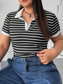 SHEIN EZwear 大尺碼女士條紋拼接白襯衫 - 黑與白 - 查看 1