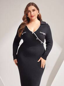 Mulvari Damen-pulloverkleid Im Farbblock-stil In Übergröße Mit Gerolltem Rand Und Knopfdetail - Schwarz und Weiss - Übersicht 3