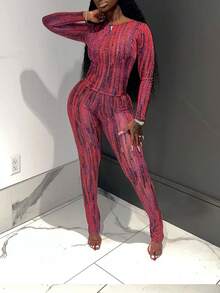 Brush Pattern Long Sleeve Slim Fit Top And Leggings Set - Multicolor - View 4