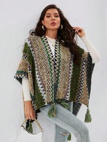 SHEIN Essnce 女款幾何圖案針織開襟外套,帶流蘇細節 - 彩色 - 查看 4