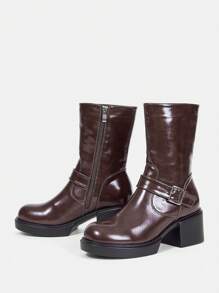 SheIn MOD Của phụ nữ Giày bốt ngắn Với Đồ trang trí khóa , Màu lạc đà Giữa bắp chân Cao gót - Lạc đà - Xem 1