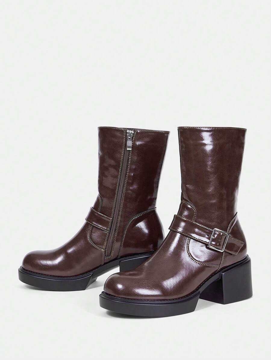 SheIn MOD Của phụ nữ Giày bốt ngắn Với Đồ trang trí khóa , Màu lạc đà Giữa bắp chân Cao gót - Lạc đà - Xem 1