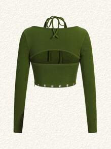 SHEIN EZwear Rhinestone Butterfly Pattern Eyelet Grommet Decorated Halter Top And Bolero - Green - View 2