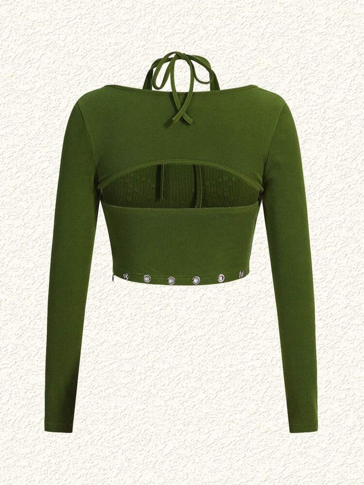 Rhinestone Butterfly Pattern Eyelet Grommet Decorated Halter Top And Bolero