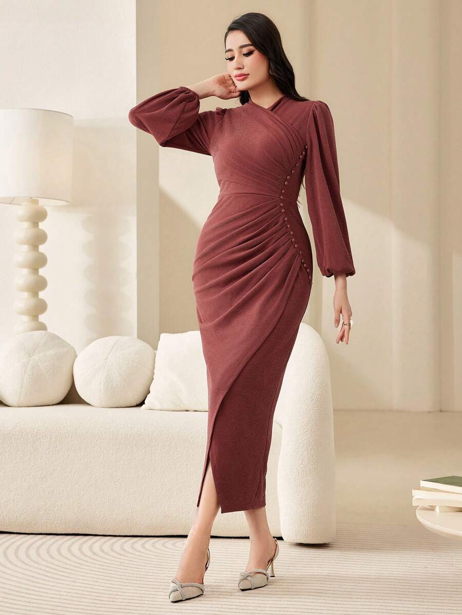 Modelyn 女款純色燈籠袖褶襉修身連身裙 - 珊瑚粉 - 查看 1