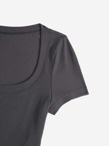 SHEIN EZwear 女士短身長袖肋編針織t恤 - 深灰色 - 查看 4