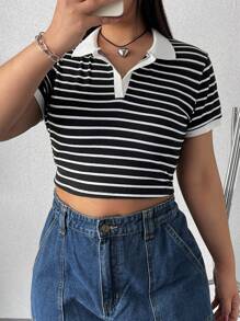 SHEIN EZwear 大尺碼女士條紋拼接白襯衫 - 黑與白 - 查看 3